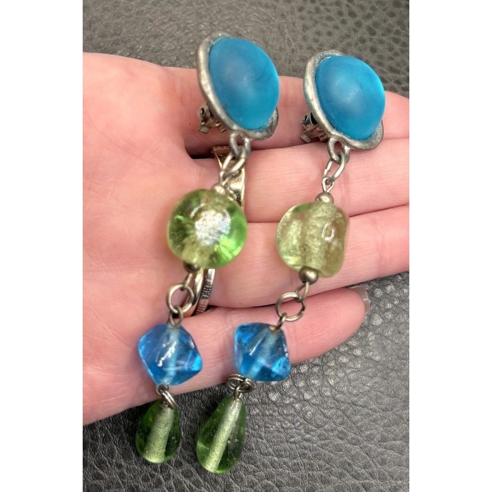VTG 80s Runway 4" Art Glass Dangle Clip-On Earrings Blue Green Bead Silver Tone